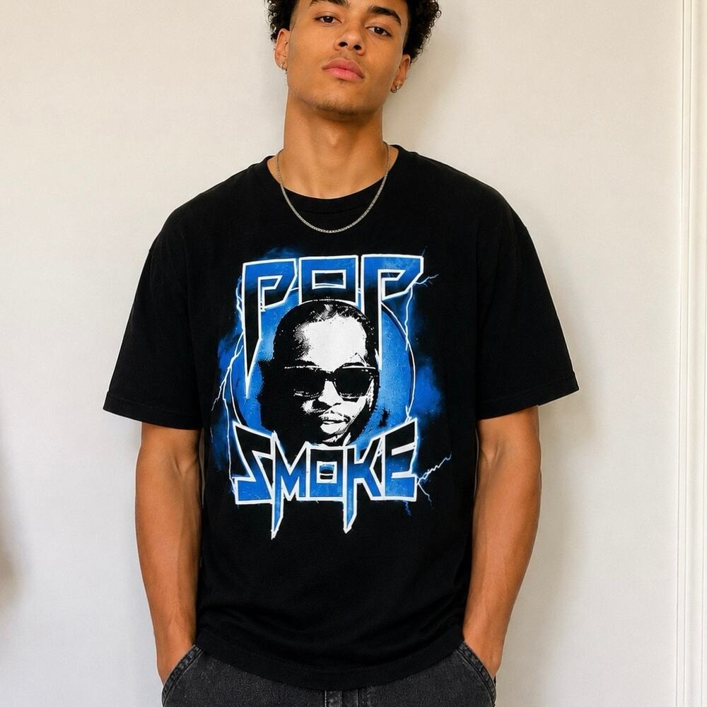 Bershka Pop Smoke Graphic Tee Medium Black Shoot For The Stars Rap T Shirt